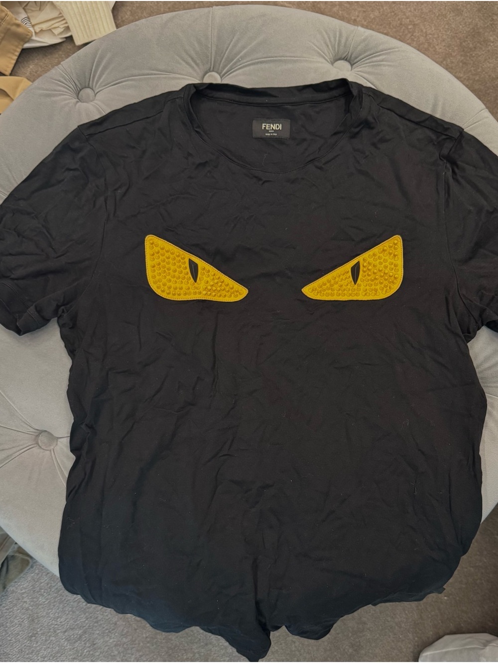 Fendi Black Short Sleeve Tee with Yellow Eye Appliqués